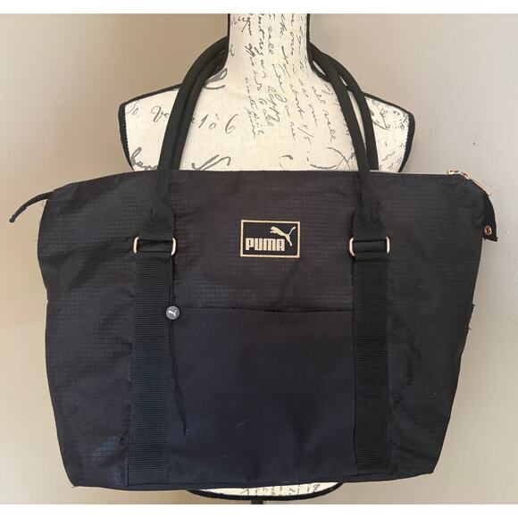Puma Jane Black Gold Logo Tote Travel Shoulder Lightweight Front Pocket Duffle - Picture 2 of 10